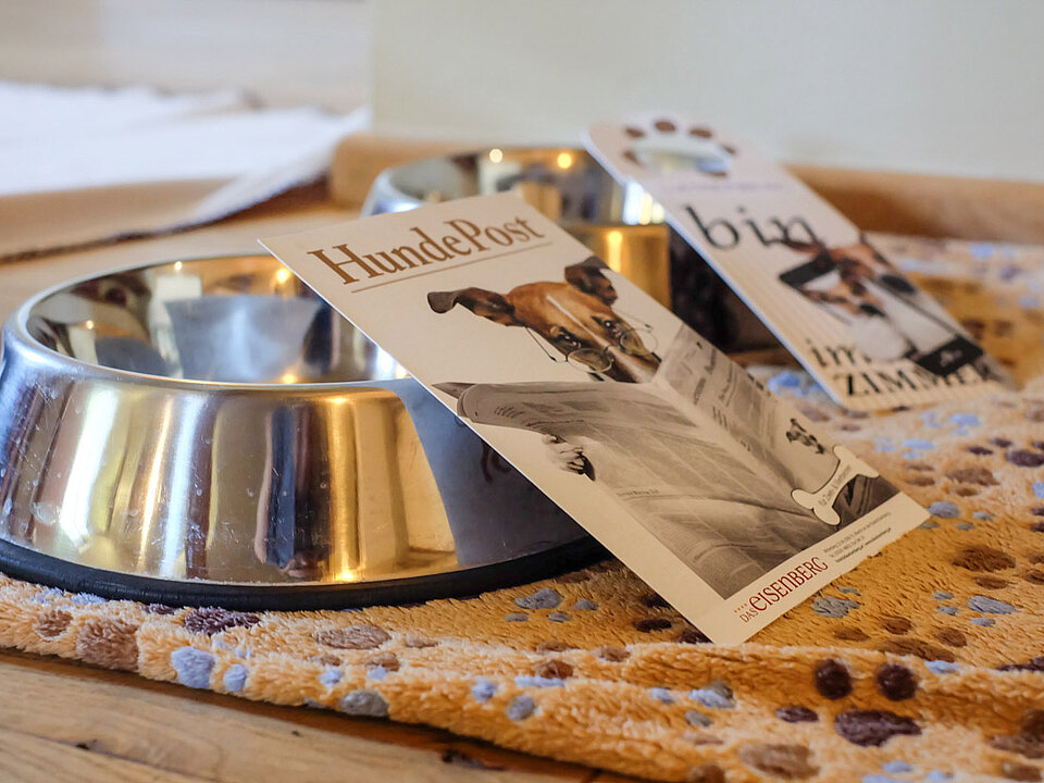 Zwei Hundenäpfe im Hotel das Eisenberg.