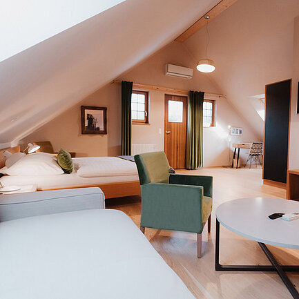Suite Sonnenblume im Romantik Stadl vom Hotel das Eisenberg mit Doppelbett und Couch.