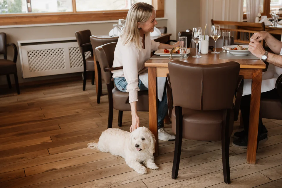 Dame streichelt den Hund, der neben ihr beim Essen im Hotel das Eisenberg liegt.