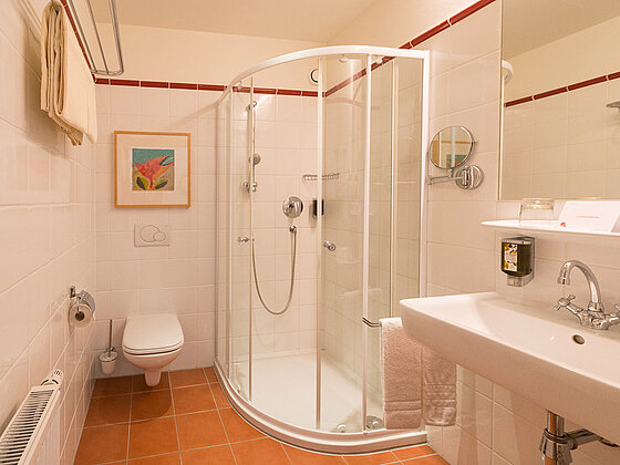 Badezimmer mit Dusche, Waschbecken und WC vom Zimmer Lavendel im Hotel das Eisenberg (c) Jean Van Luelik Photographer.