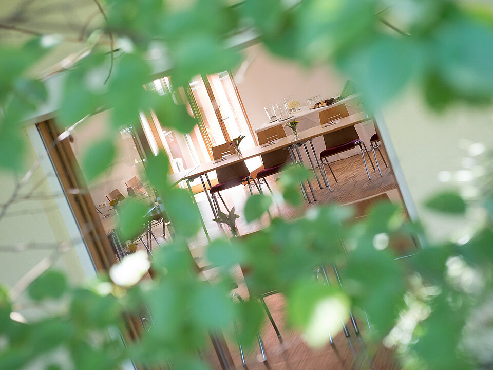 Blick von außen durch die Blätter in den Seminarraum vom Hotel das Eisenberg (c) Jean Van Luelik Photographer.