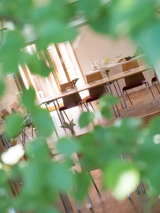 Blick von außen durch die Blätter in den Seminarraum vom Hotel das Eisenberg (c) Jean Van Luelik Photographer.