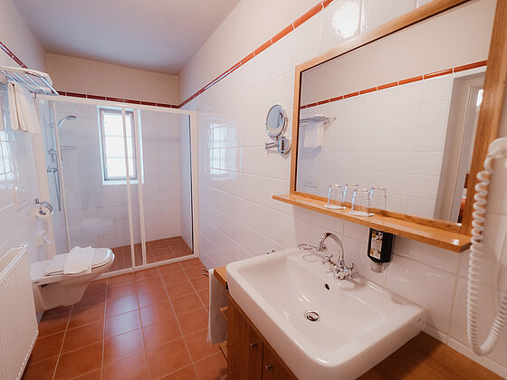 Badezimmer mit Dusche, Waschbecken und WC im Landhaus Doppelzimmer Lavendel im Hotel das Eisenberg.